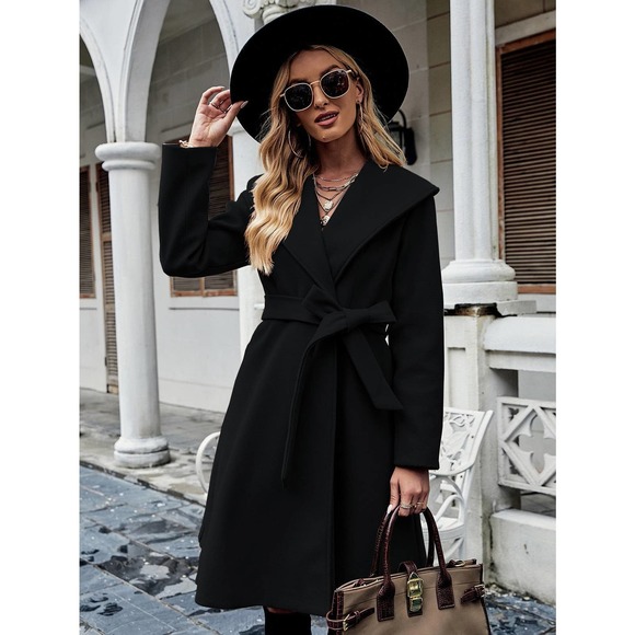 fold over Shawl Collar Double Button Belted Overcoat pea coat camel tan brown - Picture 9 of 10